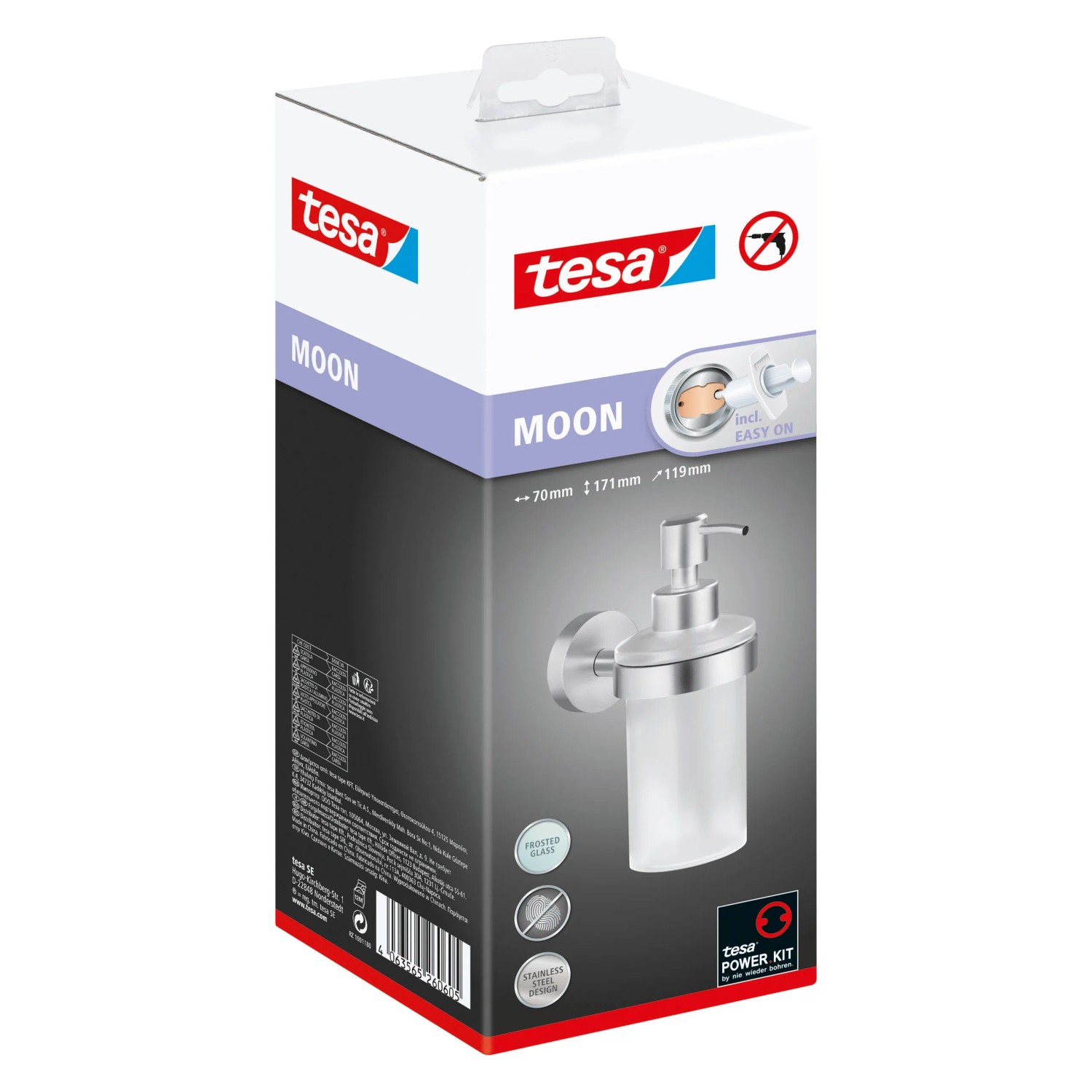 Verpackung des Tesa Seifenspenders Moon in Edelstahloptik mit Klebelösung.