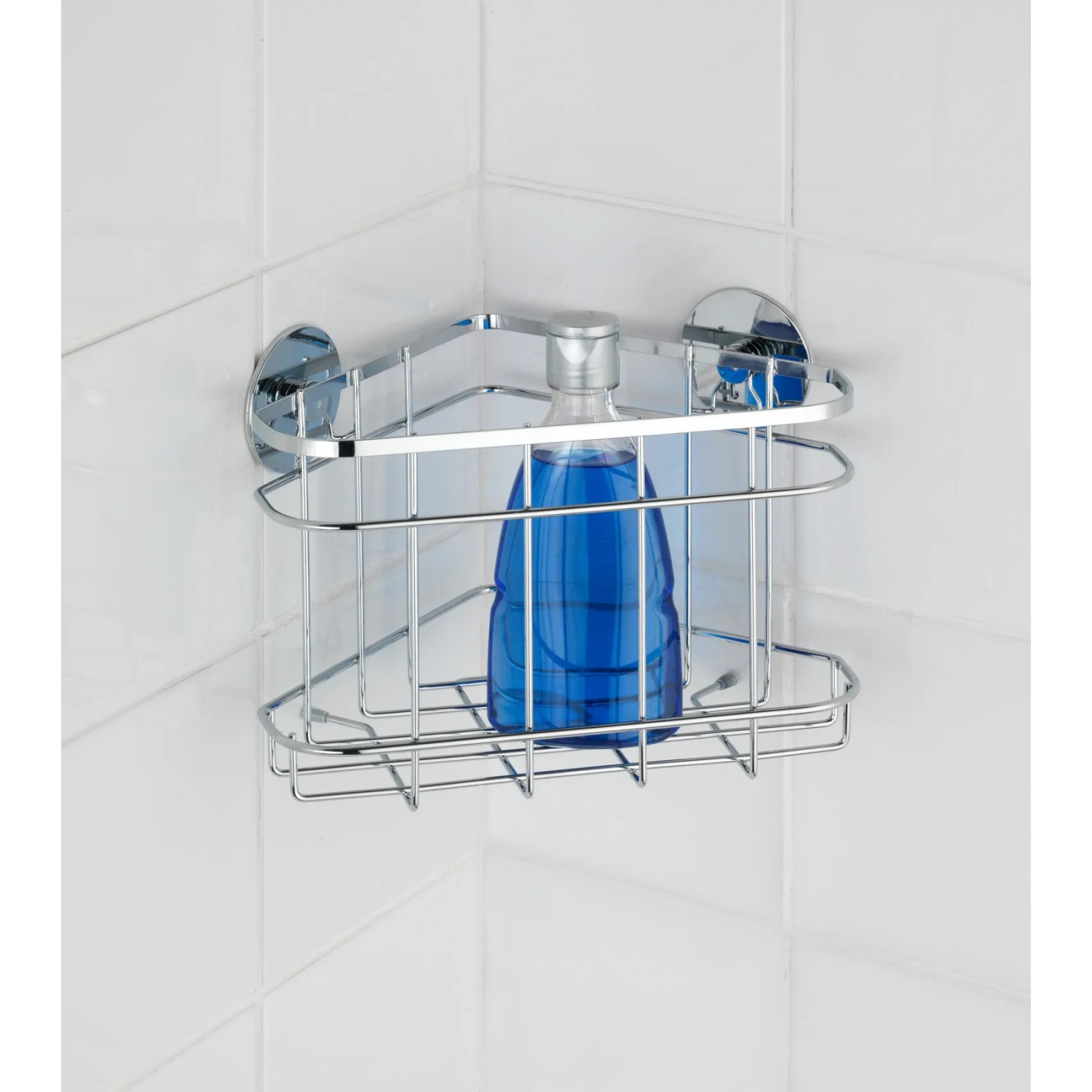 Wenko Eckregal Turbo-Loc aus Edelstahl, glänzend, mit Duschgelflasche im Duschregal.