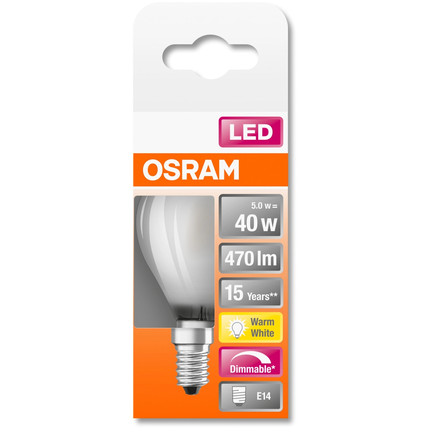 Osram E14 LED Lampe in Tropfenform, 4,8W, warmweiß und dimmbar.