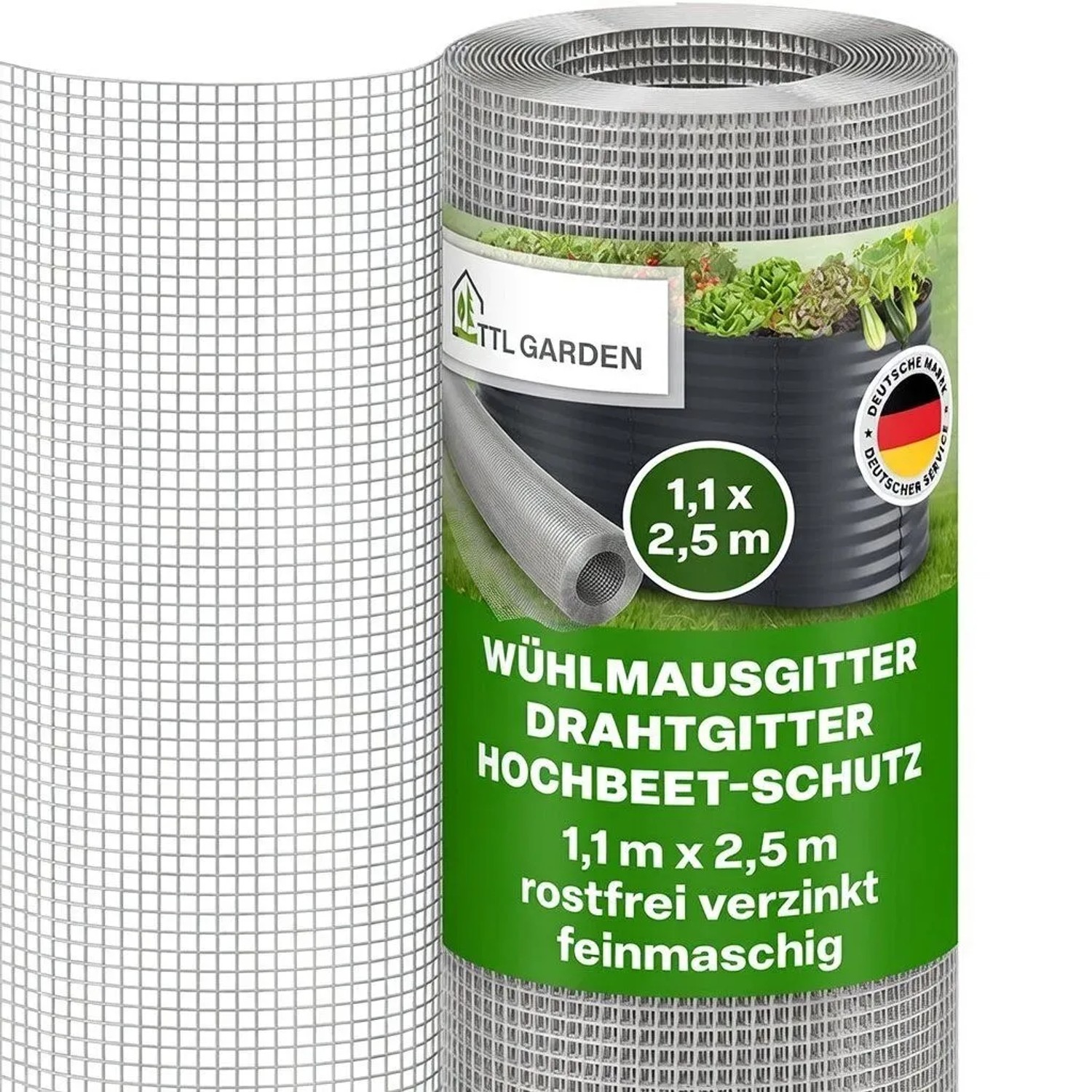 TTL GARDEN Wühlmausgitter 25m x 1,1m Verzinkt auf Rolle Drahtgitter Schutz für Hochbeet Rasen Pflanzen gegen Wühlmäuse