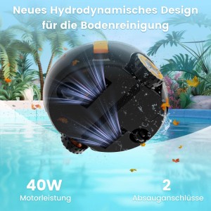 Schwarzer EVERCROSS BOT Y10 Poolroboter bei der Reinigung des Poolbodens.