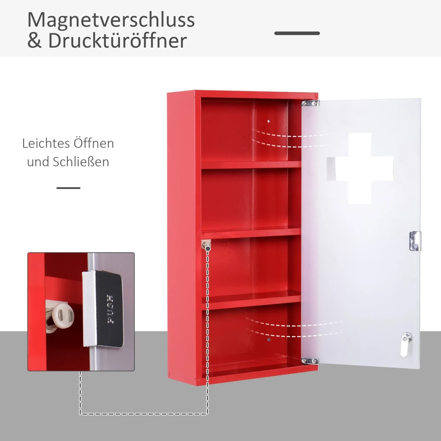 Roter HOMCOM Medizinschrank mit 3 Ebenen und abschließbarer Mattglastür.