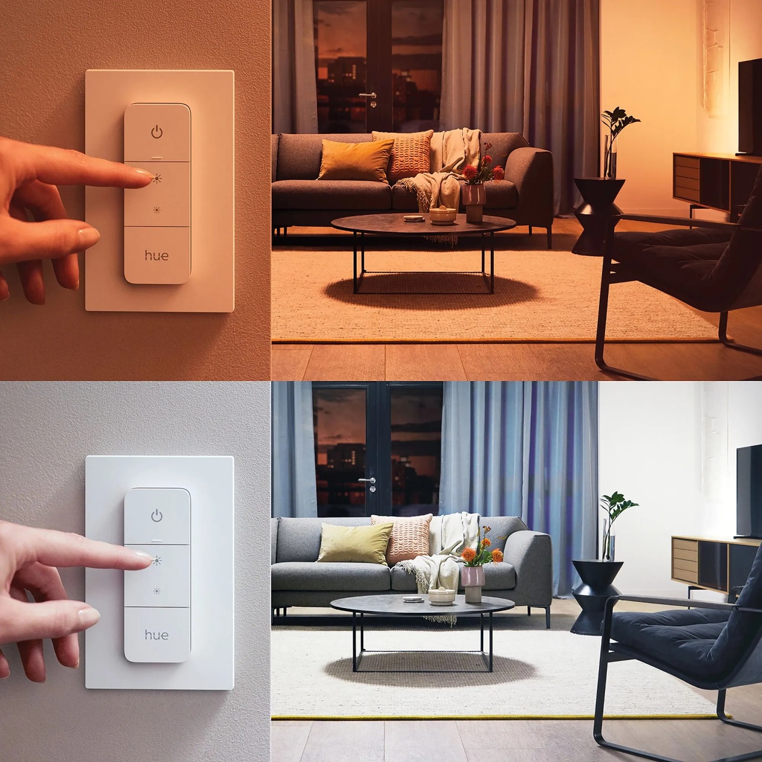 Philips Hue Aurelle Deckenleuchte mit Dimmschalter in Wohnraum-Szene, verschiedene Lichtstimmungen.