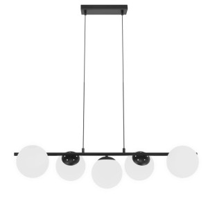 Moderne schwarze Pendelleuchte mit 5 milchweißen Glaskugeln, E27, ideal für Esszimmer. Höhenverstellbare Hängelampe.