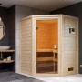Woodfeeling Sauna Antonia mit Glastür und Bio-Ofen im modernen Badezimmer.