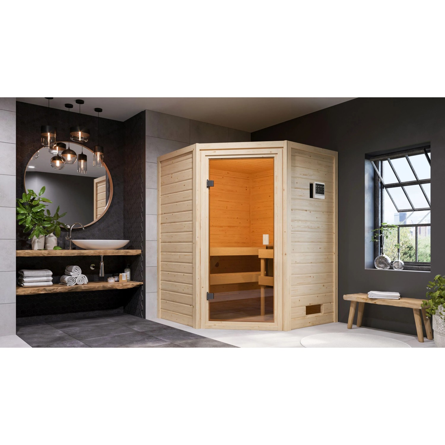 Woodfeeling Sauna Antonia mit Glastür und Bio-Ofen im modernen Badezimmer.