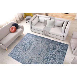 Blauer Kurzflor Teppich im Vintage Design mit orientalischem Muster, 80x150 cm.