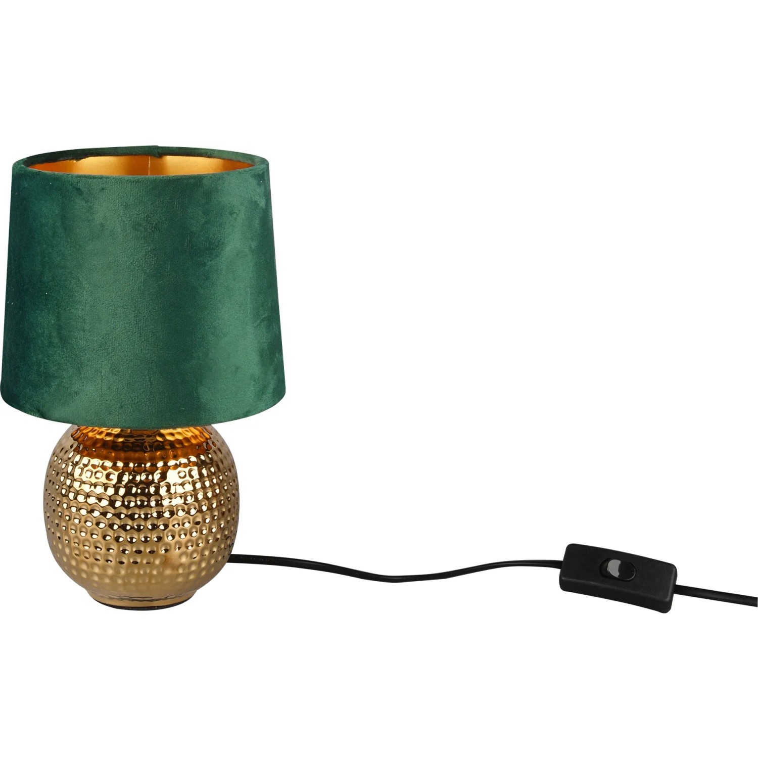 Goldene Reality Tischleuchte Sophia mit grünem Samtschirm, 26x16x16 cm. Design-Tischlampe mit Schnurschalter.