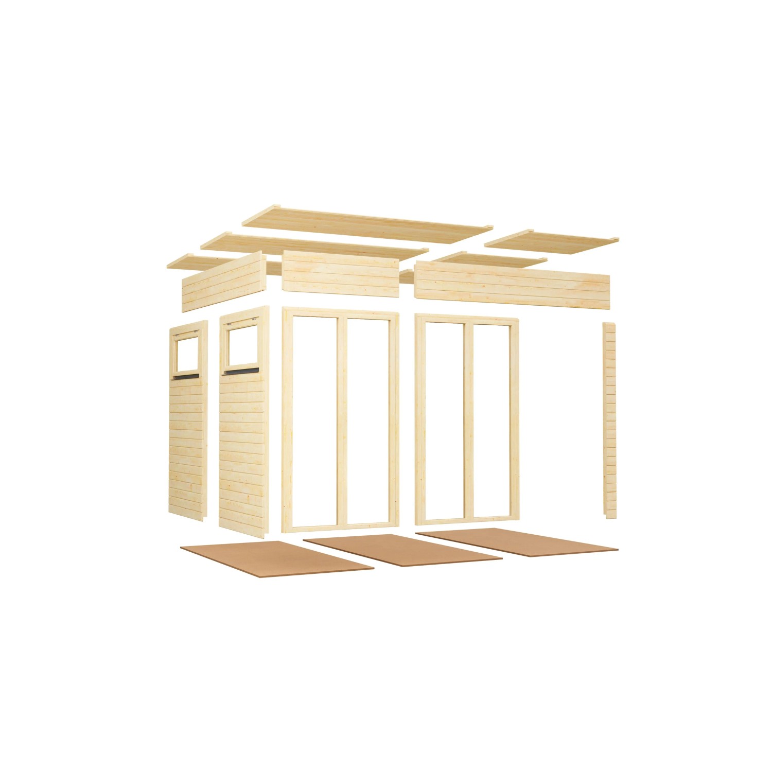 Einzelteile des Bertilo Elementgartenhauses Cubus 3 Office Lounge aus Holz