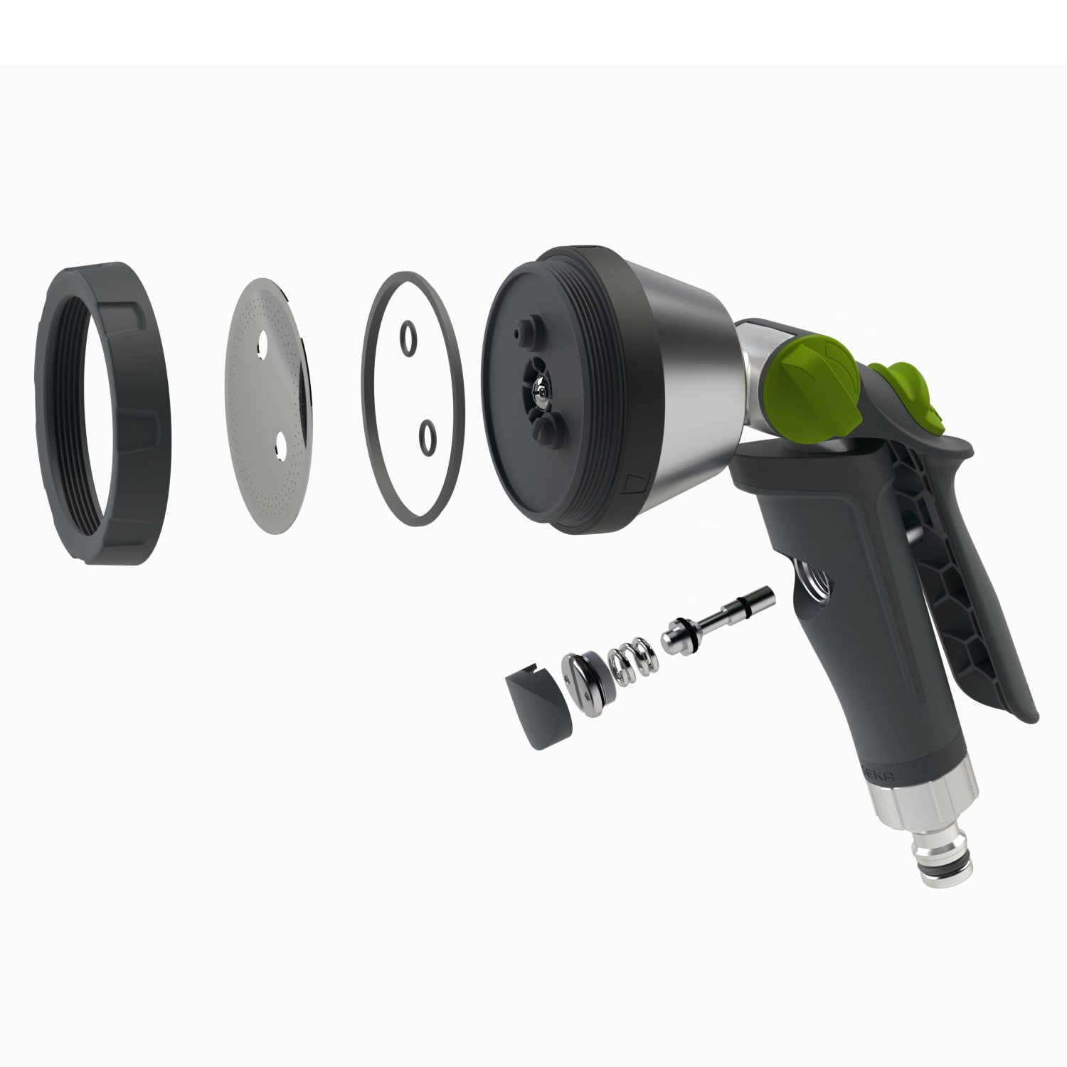 Explosionszeichnung der Geka Multibrause Plus 3S Grau, Gartenspritze mit Einzelteilen.