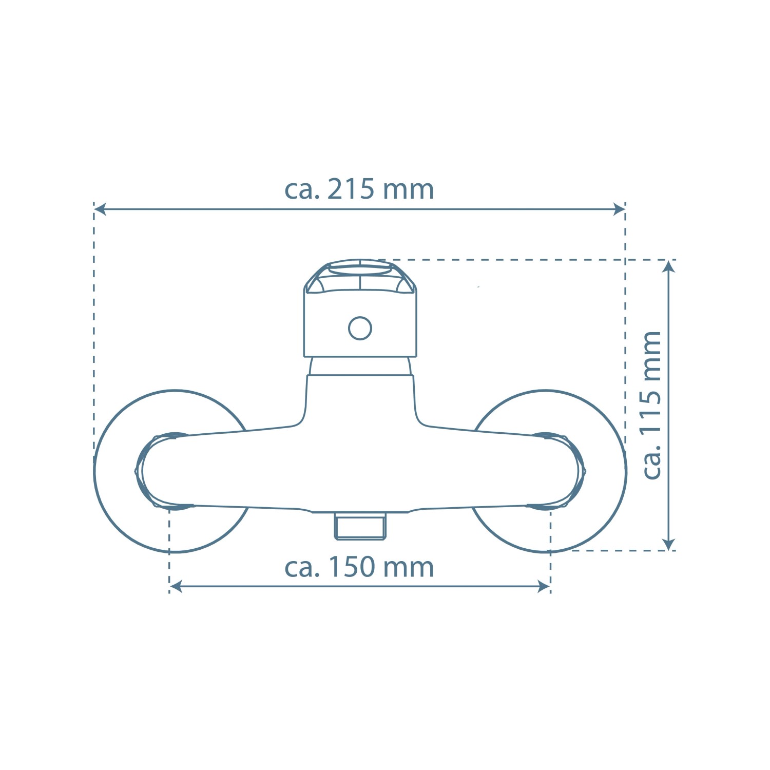 Technische Zeichnung der Schütte Duscharmatur Sirani Chrom mit Maßangaben.