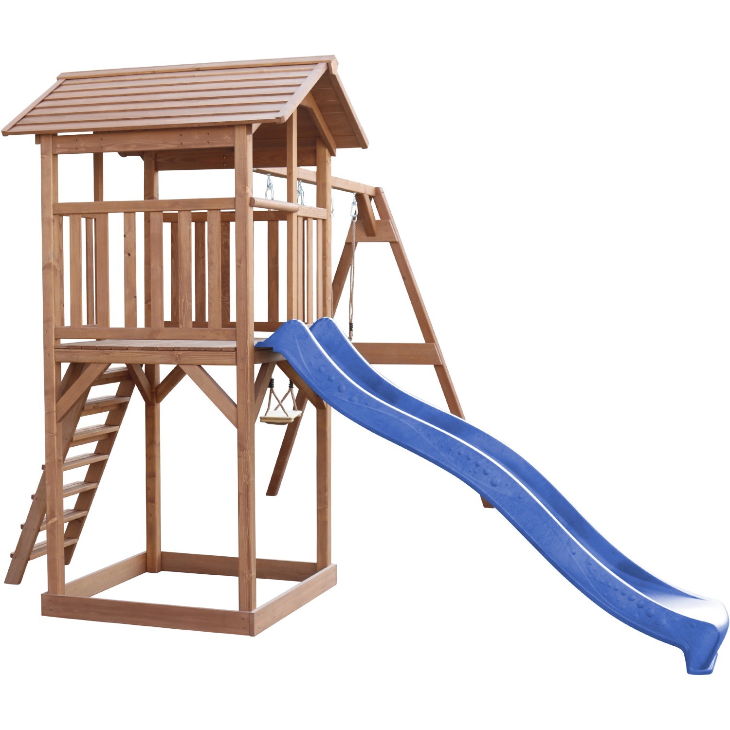 Axi Beach Tower Spielturm mit Doppelschaukel und blauer Rutsche aus Holz.