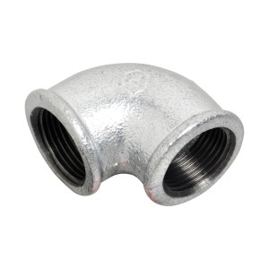 90 Grad Winkel aus Temperguss verzinkt mit beidseitigem Innengewinde (30,3 mm).