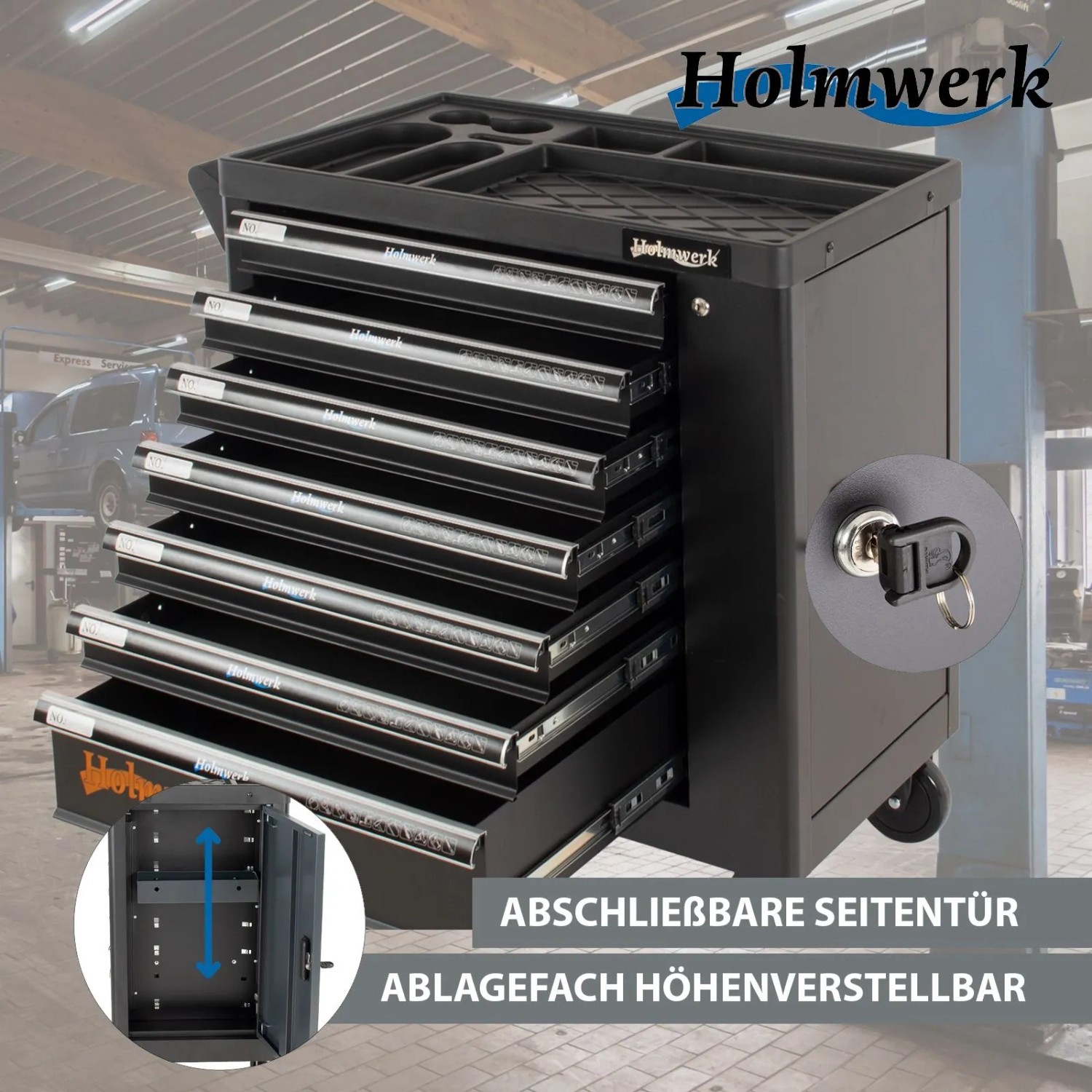 Holmwerk Werkstattwagen ROCKX mit 7 Schubladen und Tür, unbestückt.