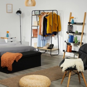 Relaxdays Garderobe mit Regal Metall Holzoptik Schwarz 150 cm x 100 cm x 41 cm