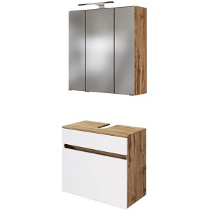 Held Möbel Badmöbel-Set Bari, 2-teilig, mit Spiegelschrank und Unterbeckenschrank in Weiß und Wotaneiche.