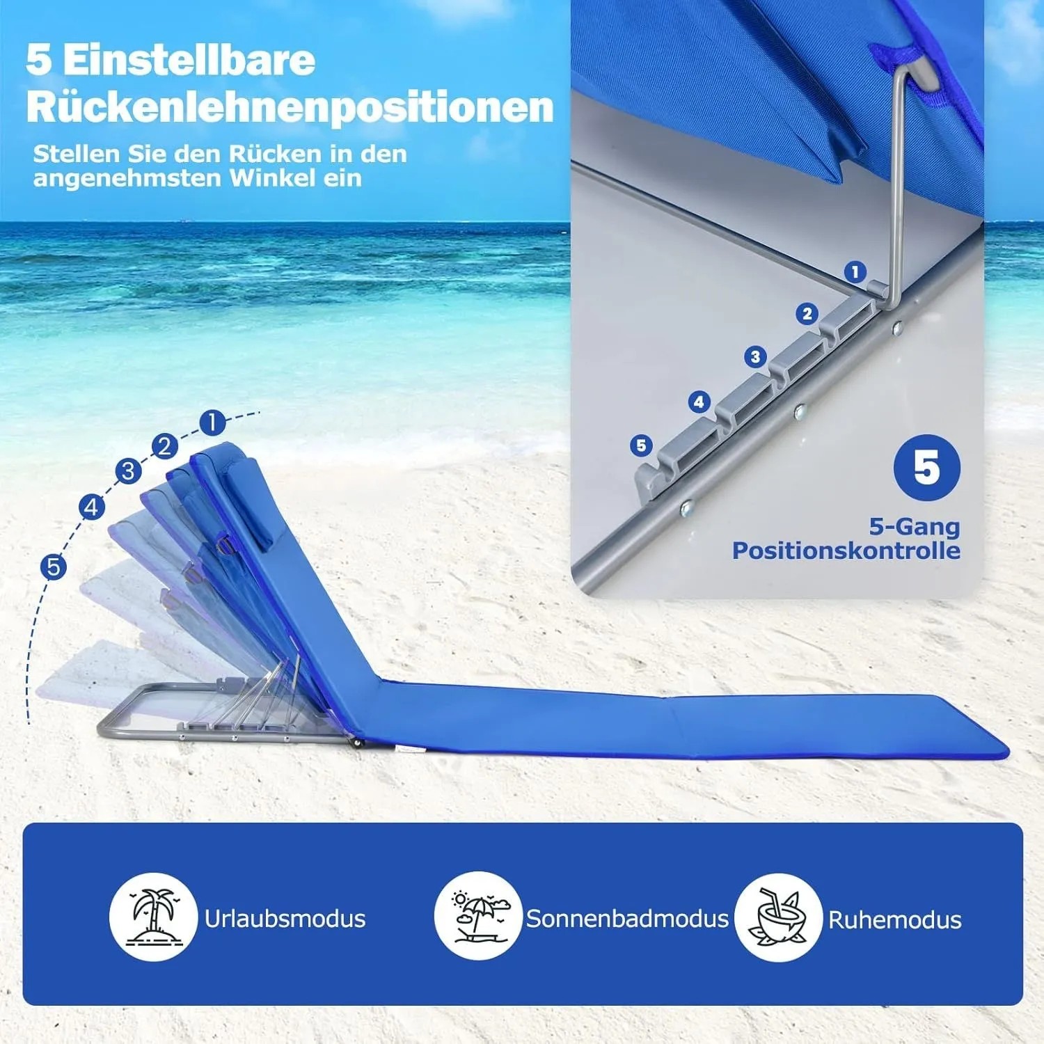 Costway Strandmatte 2er Set blau mit Tisch: 5-fach verstellbare Rückenlehne am Strand.