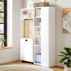Weißer klappbarer Merax Schreibtisch mit Regal und USB-Steckdose, als Hochschrank in modernem Raum.