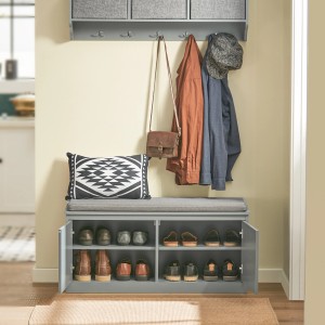 Graue SoBuy Schuhbank FSR131-HG mit Sitzkissen und 4 Fächern zur Schuhaufbewahrung.