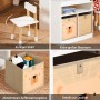 SoBuy Kindersitzgruppe: weißer Kinderstuhl mit Holzbeinen, Regal mit Löwen-Aufbewahrungsboxen für Spielzeug.