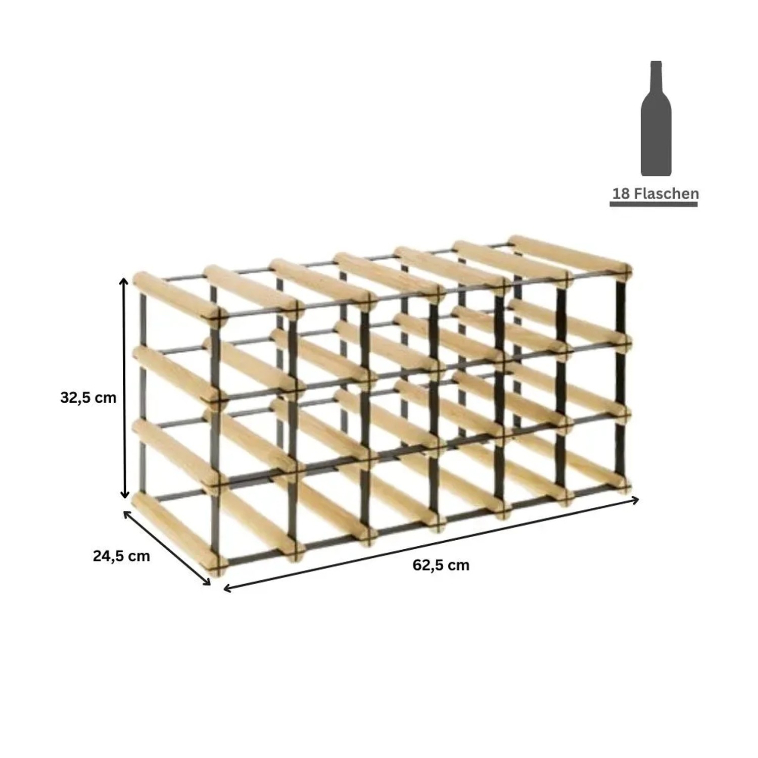Modulares Weinregal Vinotega aus Kiefernholz und Metall für 18 Flaschen, geölt.