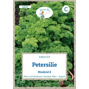 Saatgutpackung Grüne Fee Petersilie Moskrul 2, aromatisches Würzkraut für Garten und Balkon.