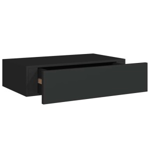 Schwarzes Wandregal mit Schublade (40x23,5x10 cm) aus MDF.