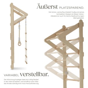 Helle Holz-Sprossenwand mit Turnringen, Strickleiter und Klimmzugstange. Höhenverstellbares Indoor-Spielgerät für Kinder.