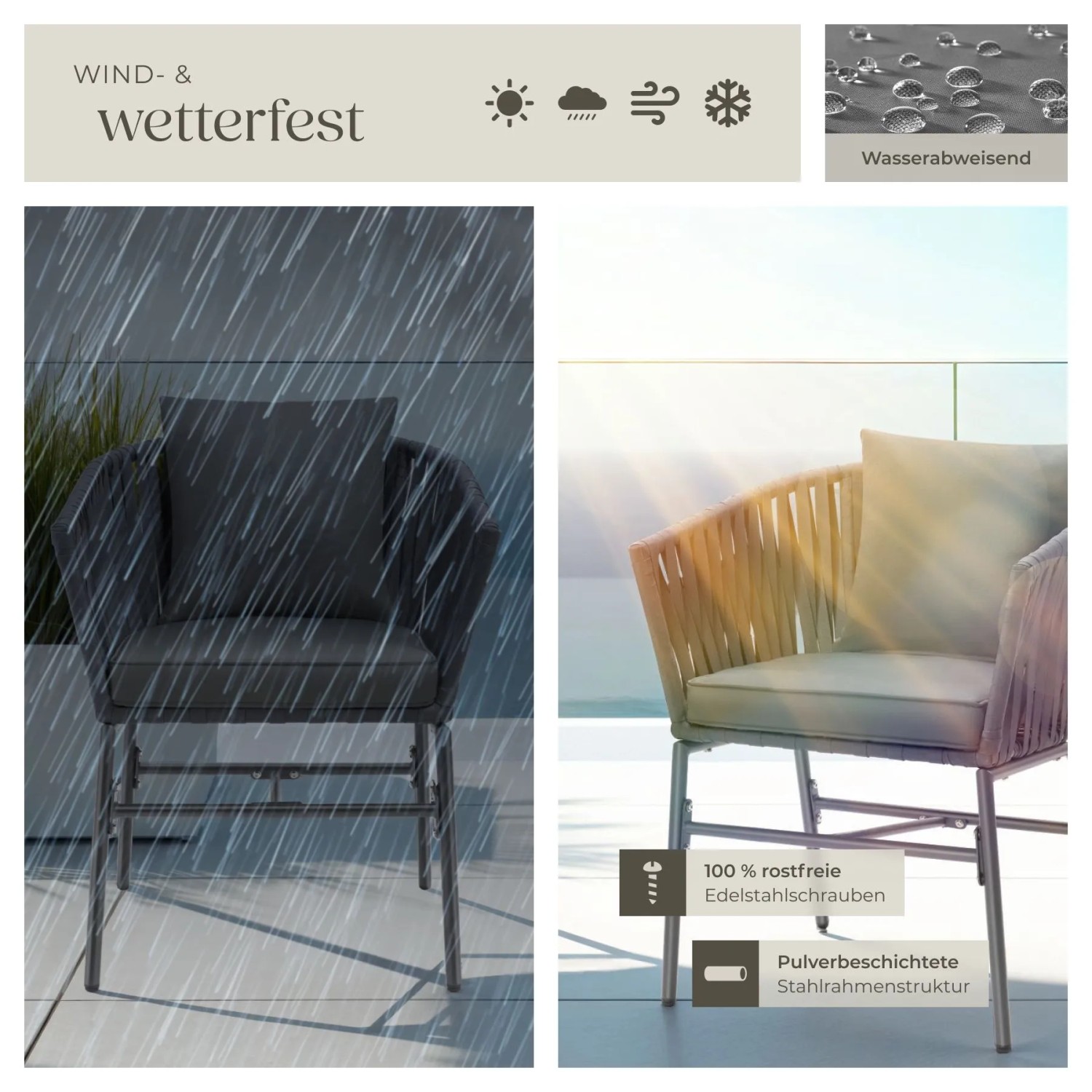Tectake Gartenstühle Valeiras im Rope-Design, dunkelgrau, mit dicken Polstern. Wetterfest, wasserabweisend, pulverbeschichteter Stahlrahmen.