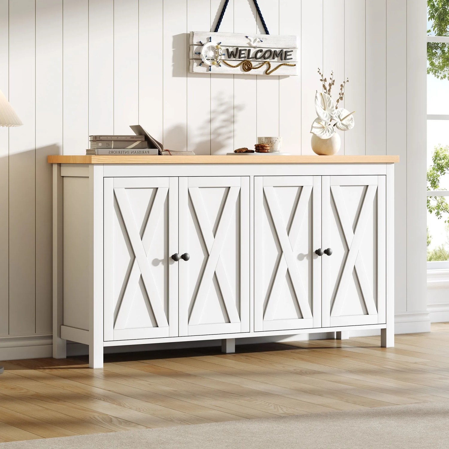 Weißes Merax Sideboard 140x78 cm mit Naturholzplatte und 4 Türen in X-Form. Moderner Wohnzimmerschrank aus MDF.