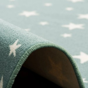 Mintgrüner, runder Kinderteppich mit Sternenmuster, geeignet für Fußbodenheizung.