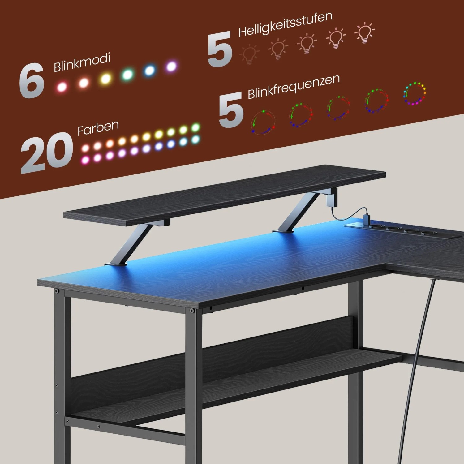 Schwarzer Songmics Schreibtisch Brandon mit LED-Beleuchtung, Steckdosen und Ablage.