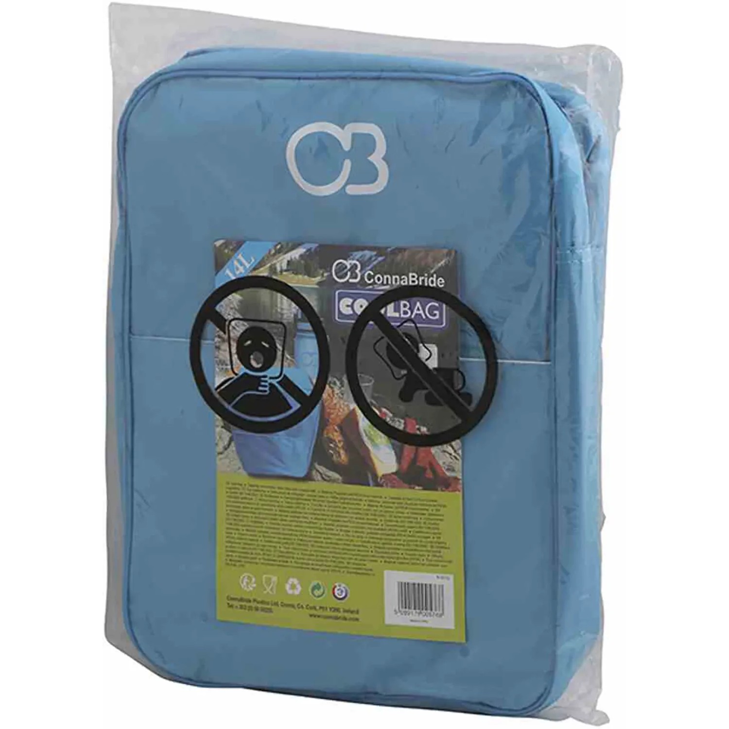 Blaue Connabride Kühltasche mit 14 Litern Volumen, ideal für den Transport von Lebensmitteln und Getränken.