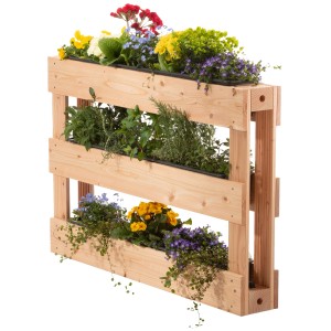 Skygarden Pflanzmodul aus Douglasie, bestückt mit bunten Blumen und Kräutern. Holz-Hochbeet für Balkon und Terrasse.