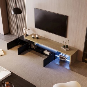 Moderner TV-Schrank in Holzoptik/Schwarz mit LED-Beleuchtung und Stauraum.