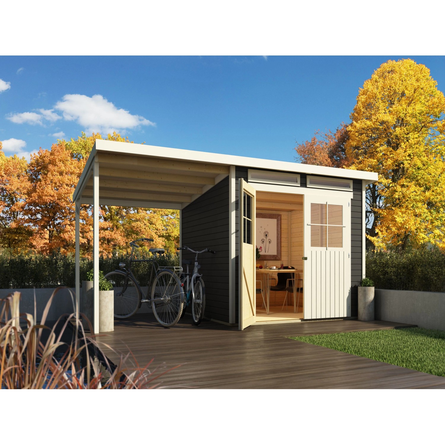 Karibu Gartenhaus Glücksberg 19 mm Wandstärke BxTxH 439 x 236 x 220 cm inkl. Anbaudach Grau