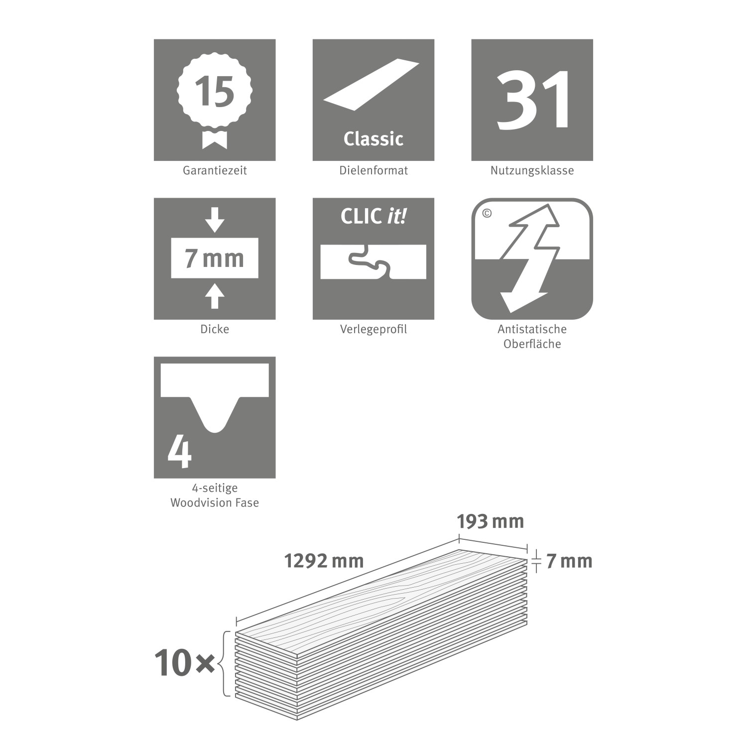 Egger Laminat Eiche Berdal Hell 7mm: Technische Daten wie Stärke, Nutzungsklasse und Dielenformat.