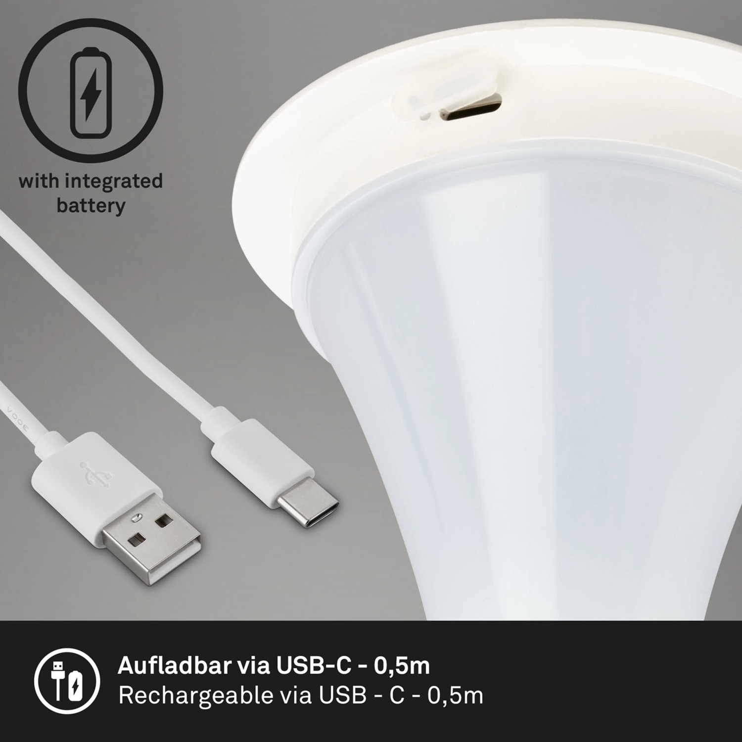 Weiße Brilo Akku-Tischleuchte (4W) mit USB-C Ladekabel, geeignet für den Außenbereich.