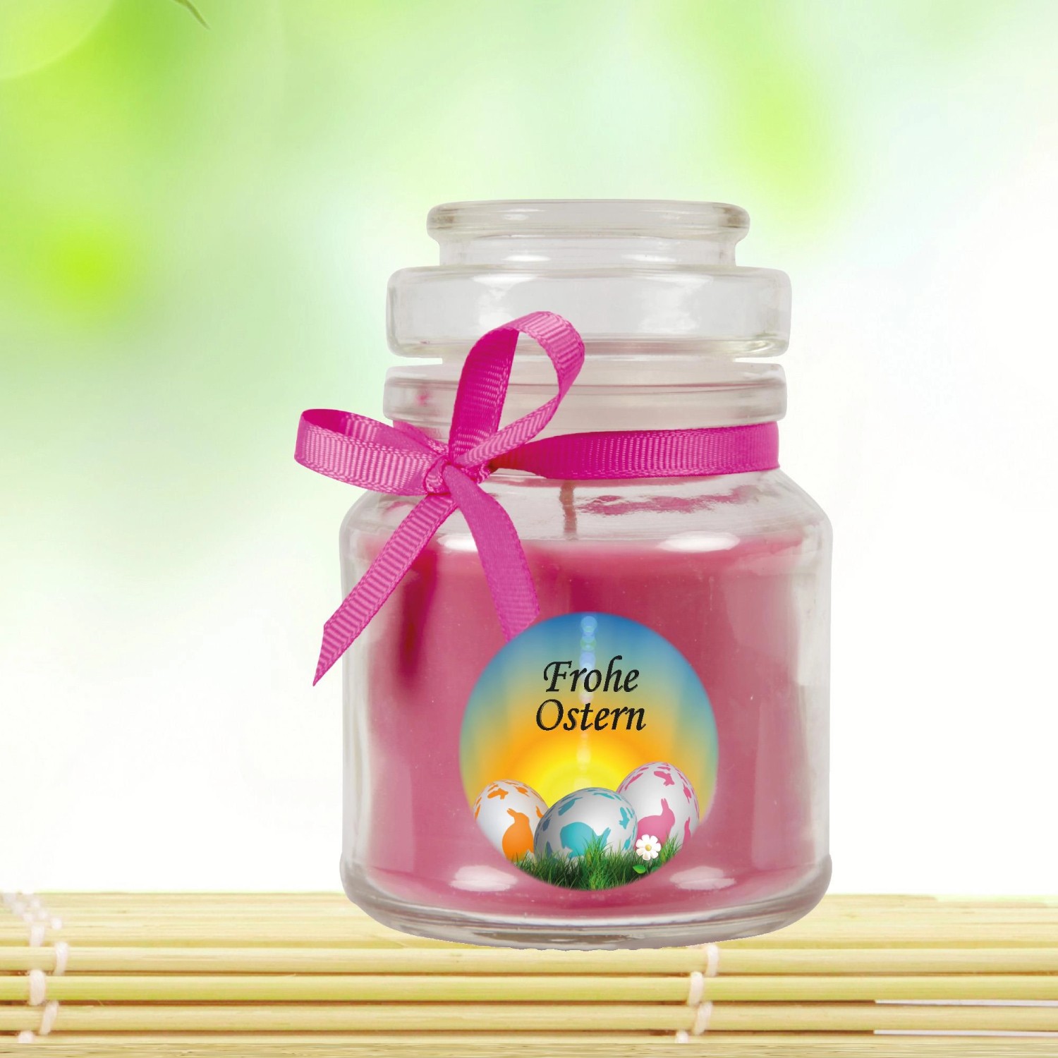 Duftkerze Frohe Ostern im Glas mit rosa Schleife, Lavendelduft. Osterdeko.