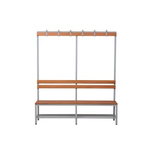 Freistehende PROREGAL Sitzbank Seal mit Rückenlehne, Hakenleiste und Schuhrost, Holzoptik.