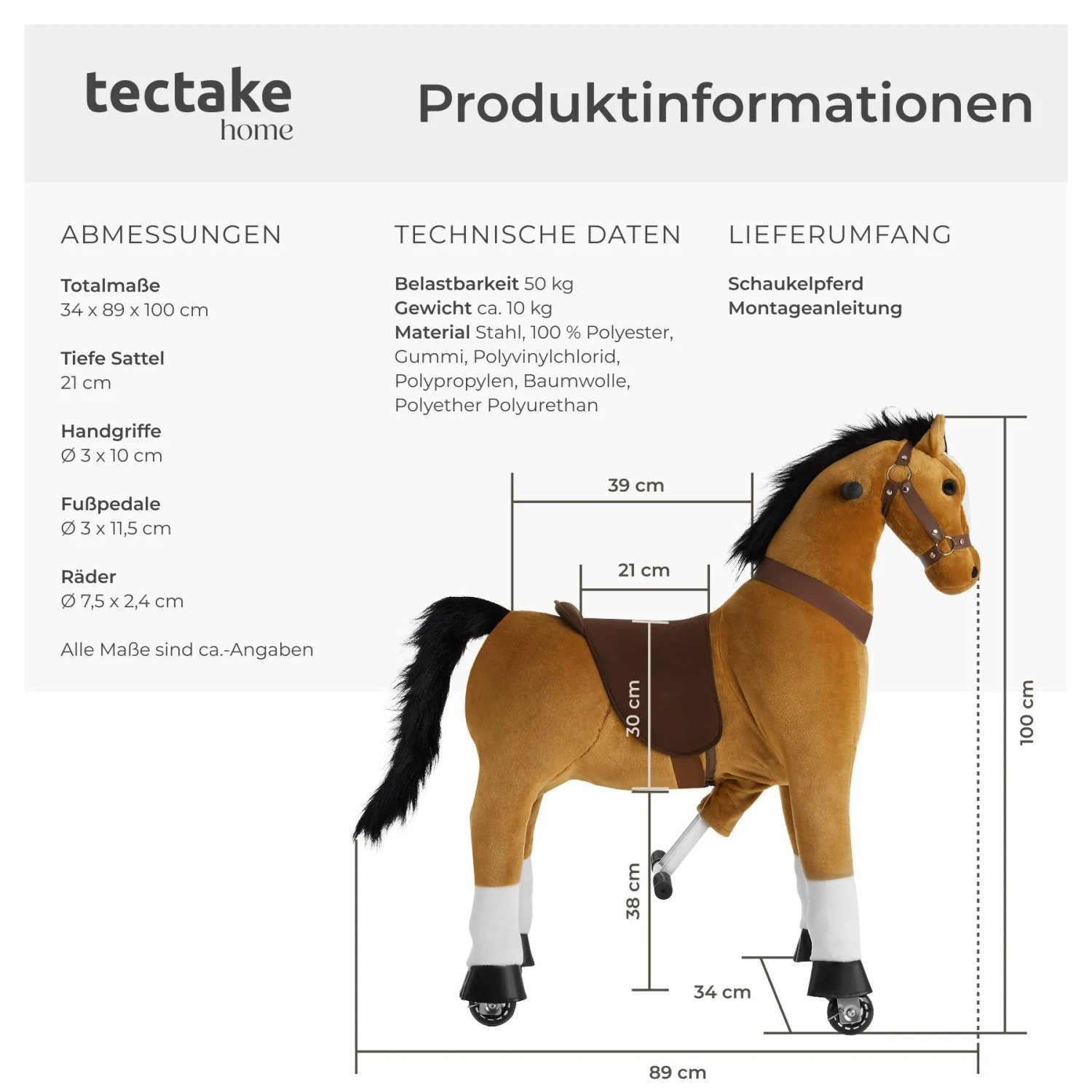 Tectake Schaukelpferd auf Rollen, hellbraun, mit Sattel und Zaumzeug, Produktdaten.