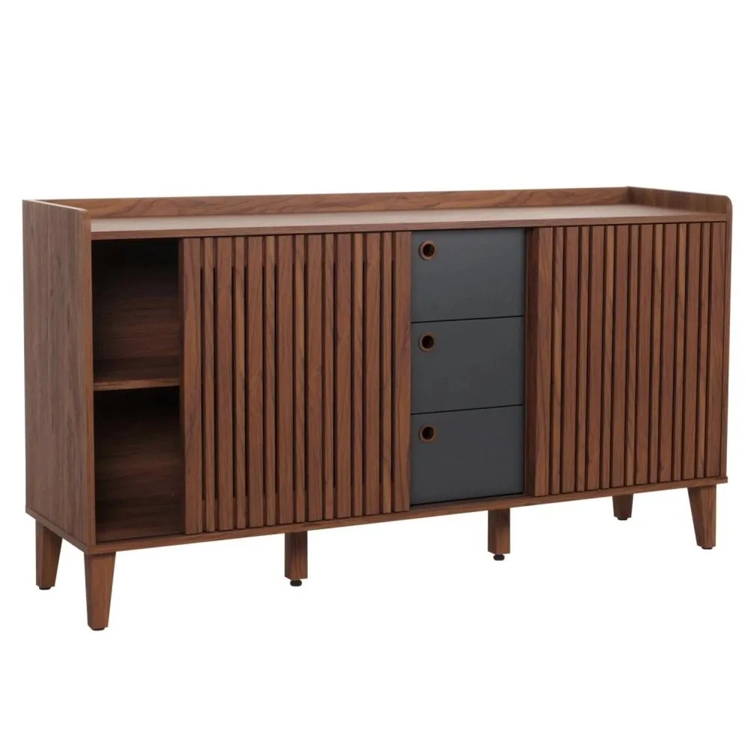 MCW Sideboard M48 Walnuss-Optik Schubladen Dunkelgrau