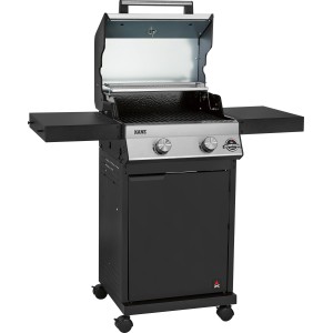 Jamestown Gasgrill Kane mit 2 Brennern, offenem Deckel und Seitentischen.