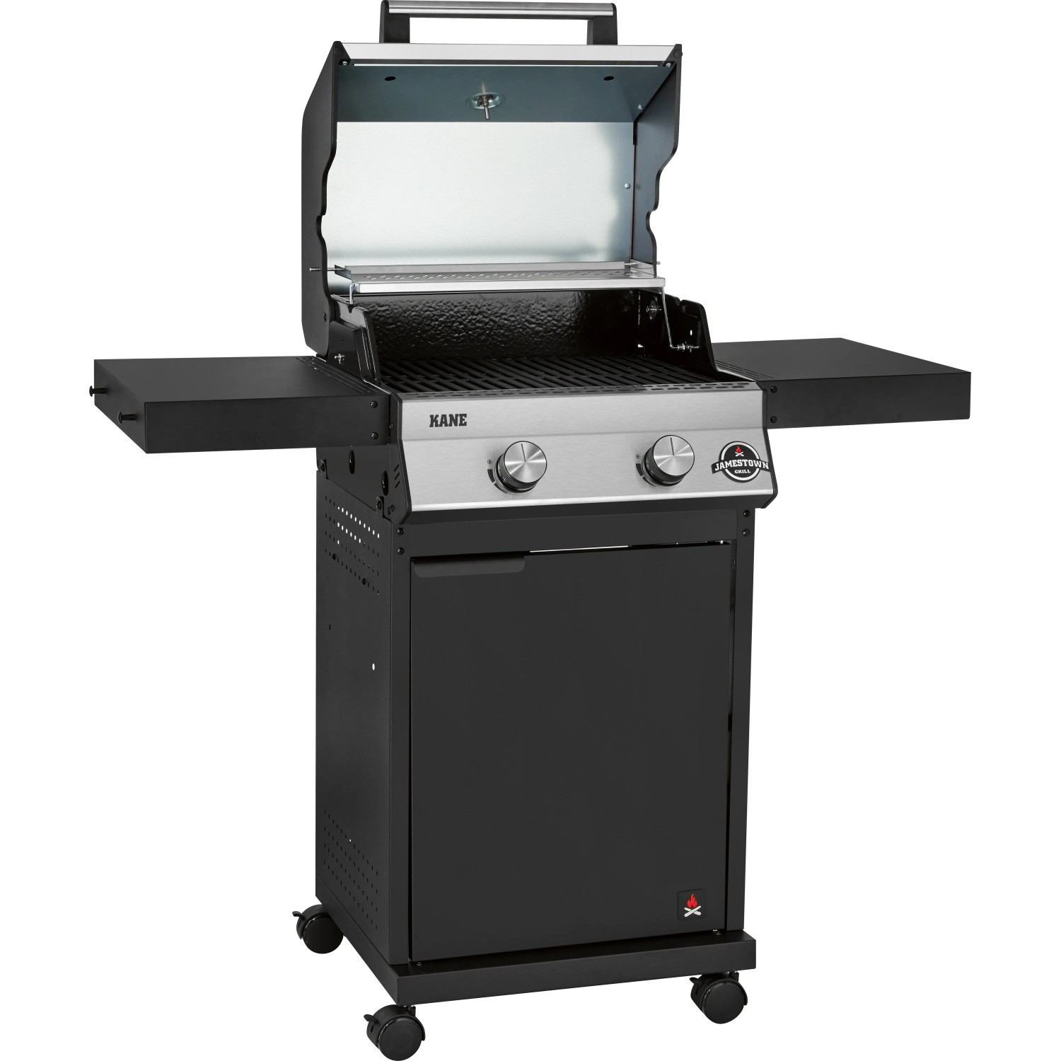 Jamestown Gasgrill Kane mit 2 Brennern, offenem Deckel und Seitentischen.