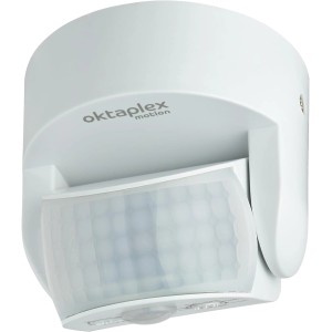 Weißer Oktaplex Bewegungsmelder für Außen, schwenkbar, 12m Reichweite.