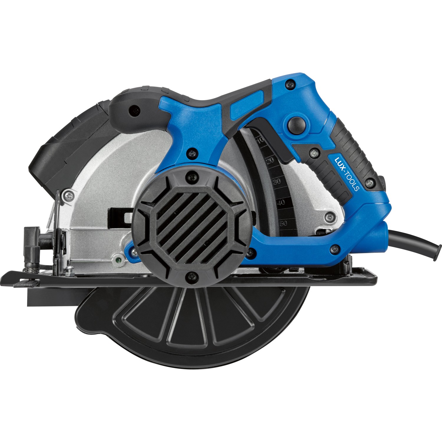 Blaue LUX Handkreissäge E-HKS-1400/185 mit silbernem Sägeblatt und schwarzem Kabel.
