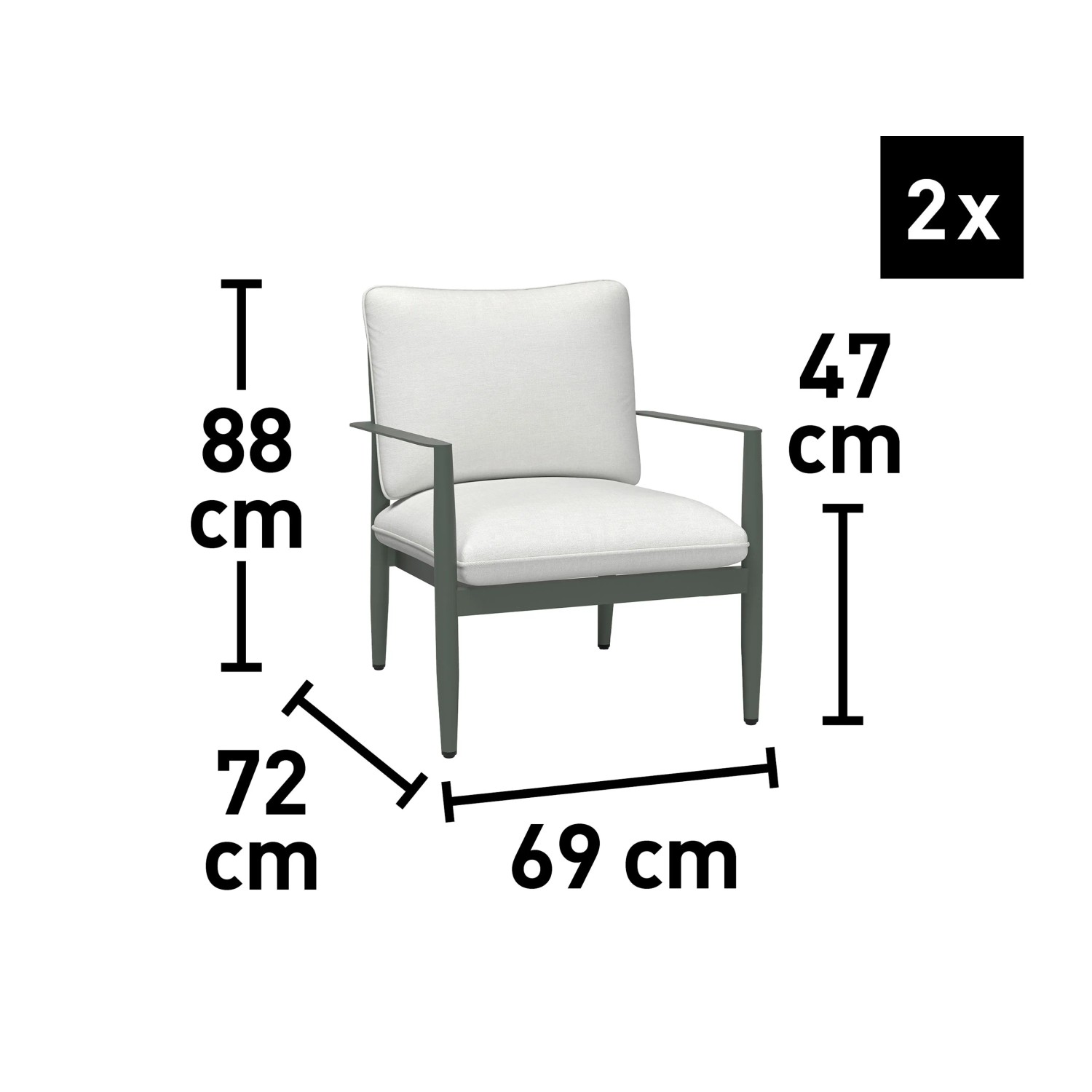 Abmessungen des Claremont Lounge Sessels: 88x69x72 cm, Sitzhöhe 47 cm. Teil der Loungegruppe.