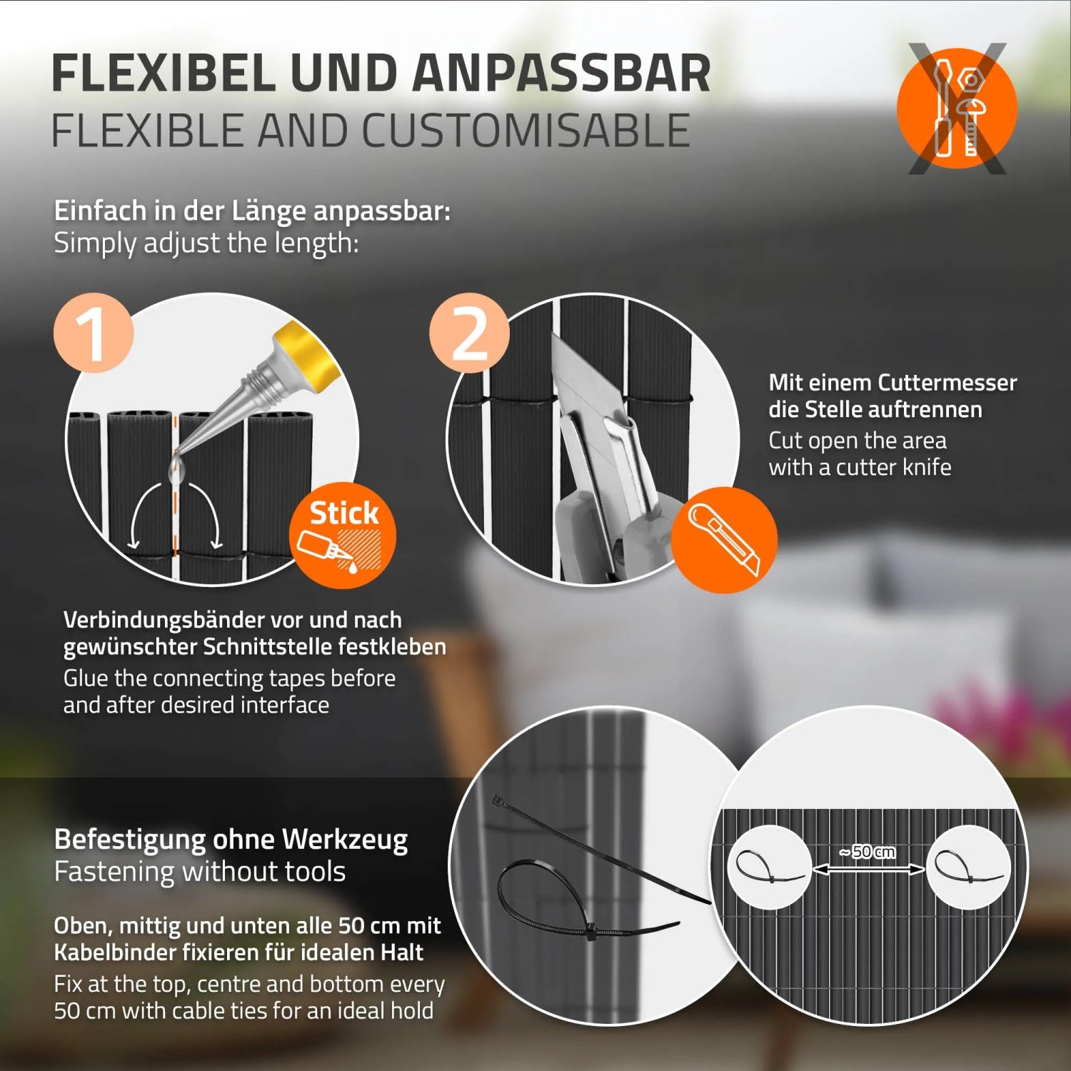 Anpassen der ECD Germany PVC Sichtschutzmatte: Kleben, Schneiden und Befestigen mit Kabelbindern.