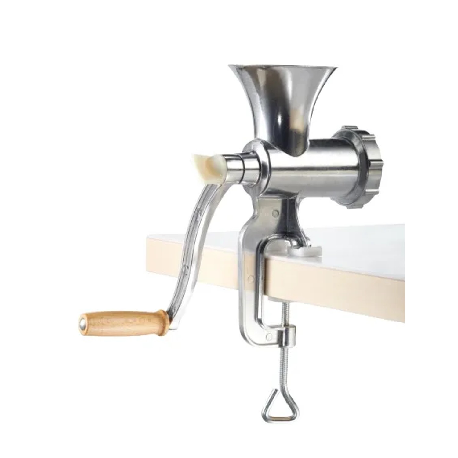 GSW Fleischwolf Größe 8 aus Aluminium mit Holzgriff und Tischbefestigung.