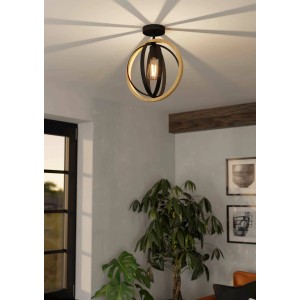 Schwarze Eglo Deckenleuchte Basildon mit braunem Holzring und E27 Fassung im Vintage Design.